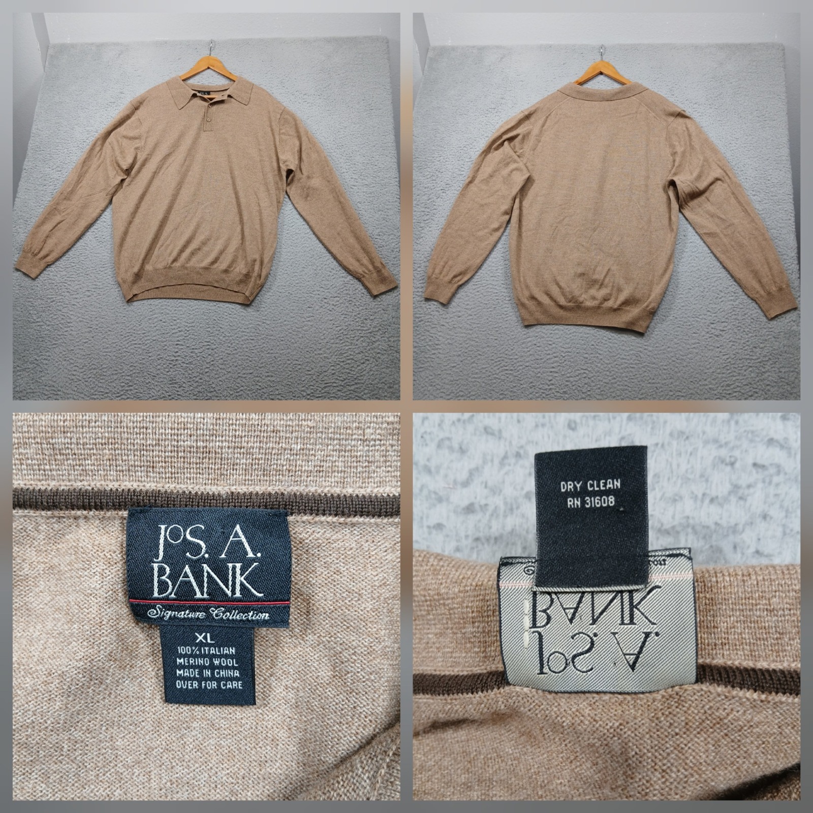 Jos A Bank Merino Wool Polo Sweater Men's Xl Tan Long Sleeve